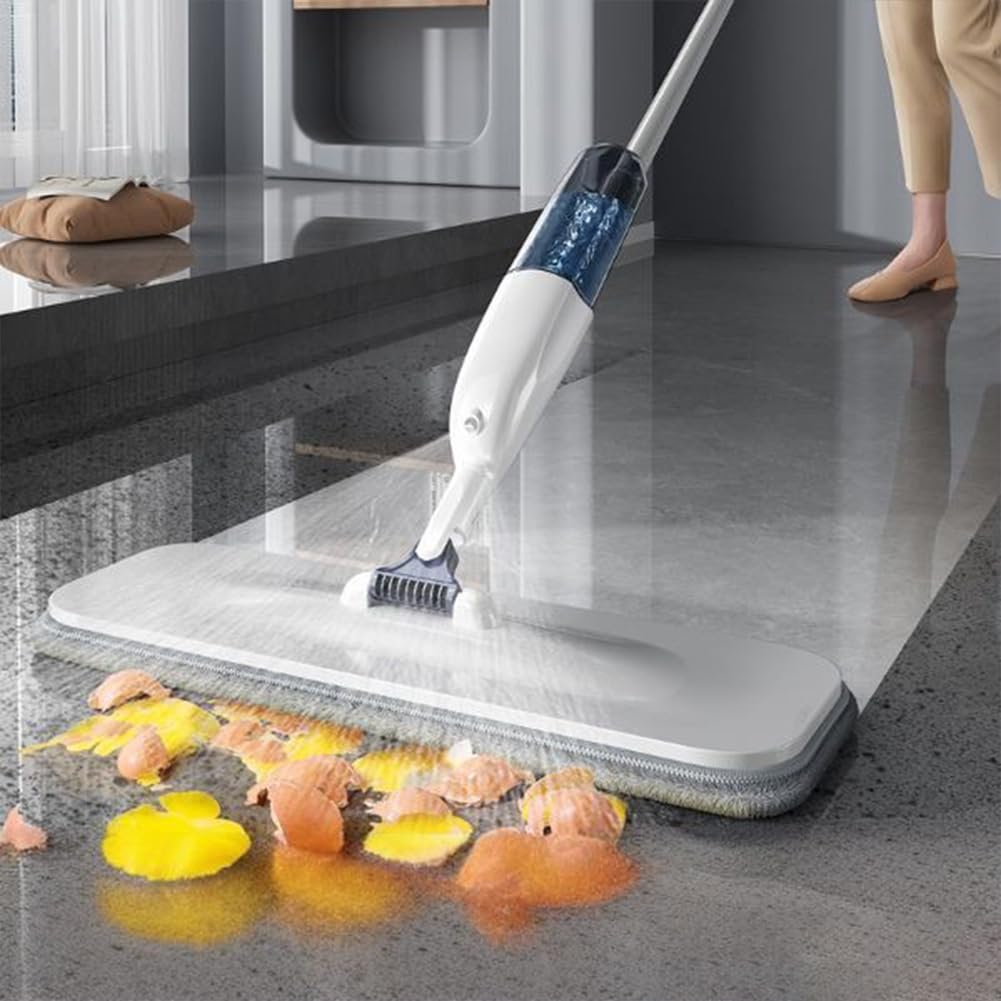 Balai-serpillère Garvee avec fonction spray pour sols en bois, carrelage et parquet, rotatif à 360°, avec 5 lingettes microfibres réutilisables, plat, noir