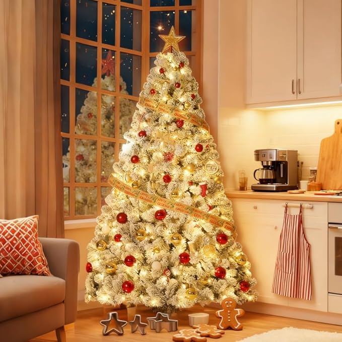 Sapin de Noël artificiel Garvee de 180 cm avec 250 LED, branches en PE/PVC, idéal pour un salon standard et un éclairage festif.
