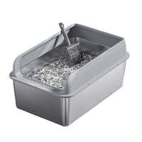 Bac à litière Garvee XL en acier inoxydable avec couvercle, profondeur 20 cm, antirouille, double tapis de litière, pour grands chats, gris