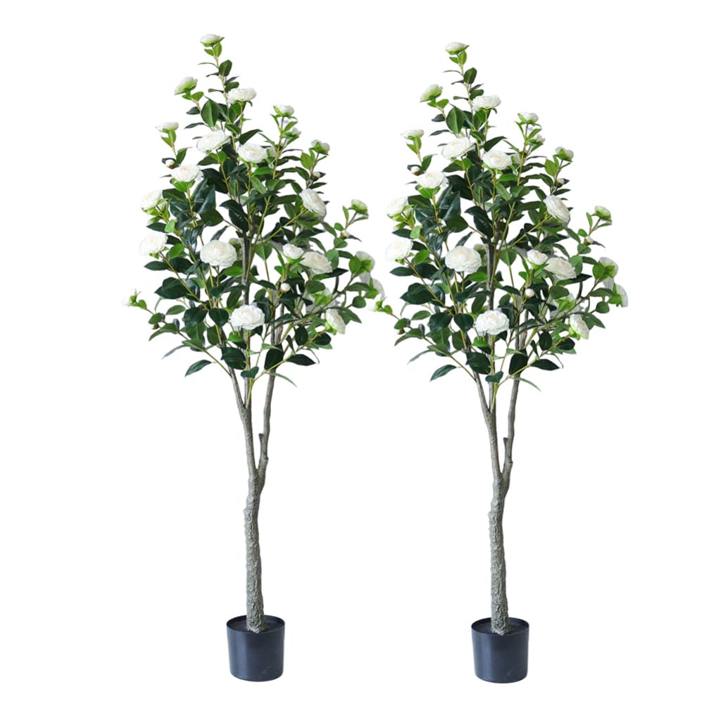 Camélia artificiel Garvee 150-180 cm avec feuilles et fleurs réalistes, facile d'entretien, blanc, pour la décoration de la maison et du bureau