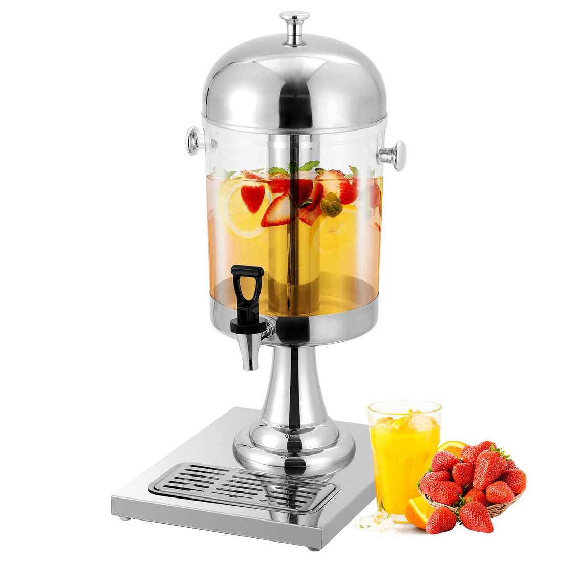 Garvee Distributeur de Boissons 8,3 L avec Bac à Glaçons, Support en Acier Inoxydable, Robinet et Bac d’Égouttement, Argenté, pour Fêtes et Mariages