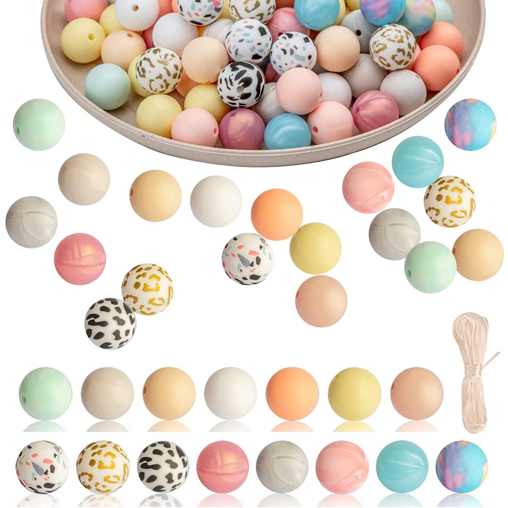 Garvee Lot de 100 perles en silicone rondes de 15 mm, colorées, pour la création de bijoux, porte-clés, colliers et bracelets.