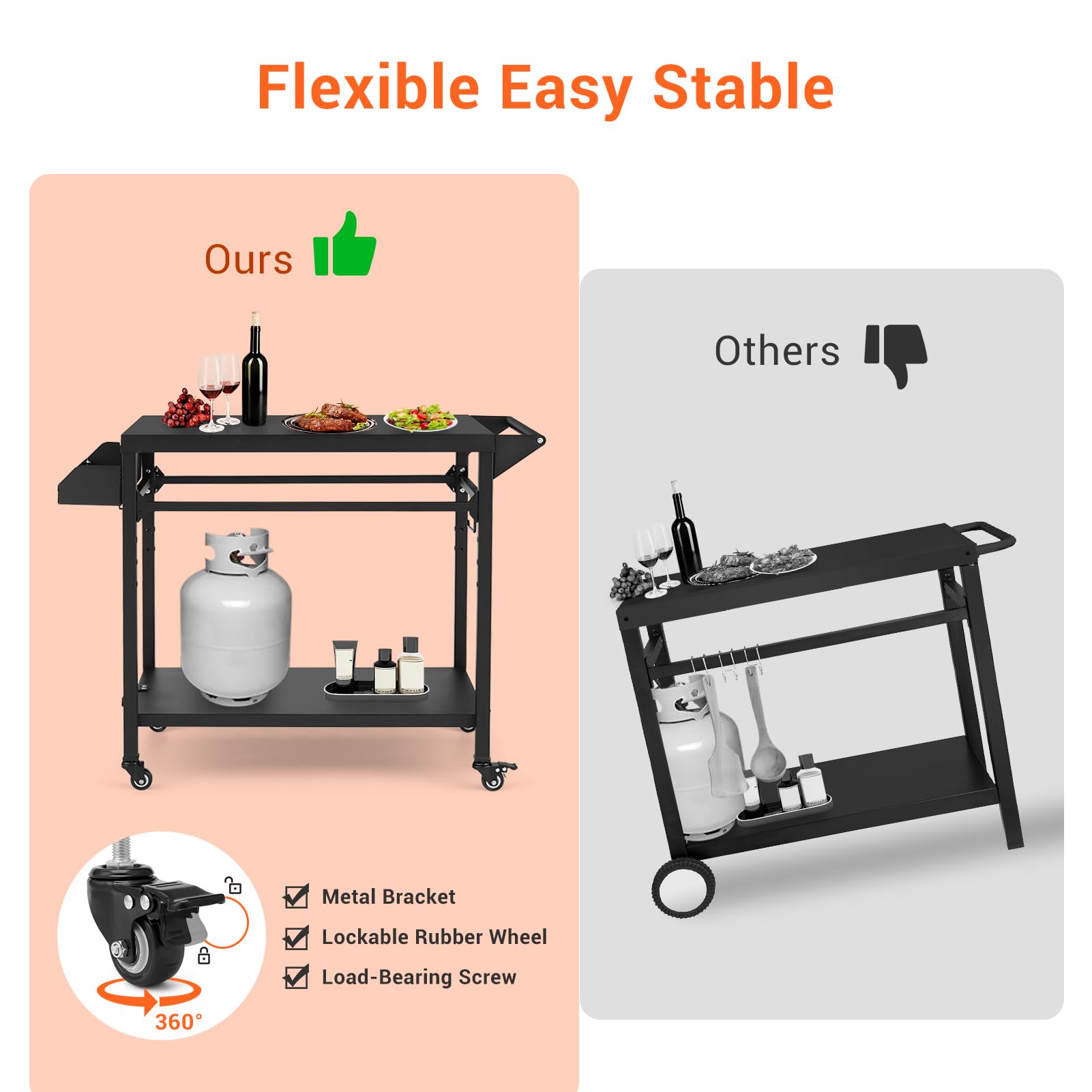 Chariot de barbecue d'extérieur Garvee avec support pour four à pizza, 4 roues et verrou, acier thermolaqué, grand espace de rangement, porte-bouteille de gaz pour le jardin et le camping, 105 x 50 x 81 cm, noir
