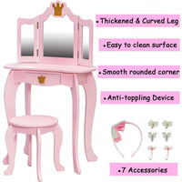 Garvee Coiffeuse pour enfants avec miroir triptyque et tabouret, bureau de maquillage princesse 2 en 1 en bois, ensemble de jeu d'imitation pour tout-petits, Rose