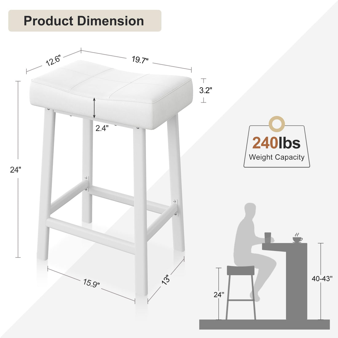 Garvee Lot de 2 tabourets de bar selle 61 cm, sans dossier, assise rembourrée incurvée, pieds métal et repose-pieds, pour îlot de cuisine ou bar, blanc