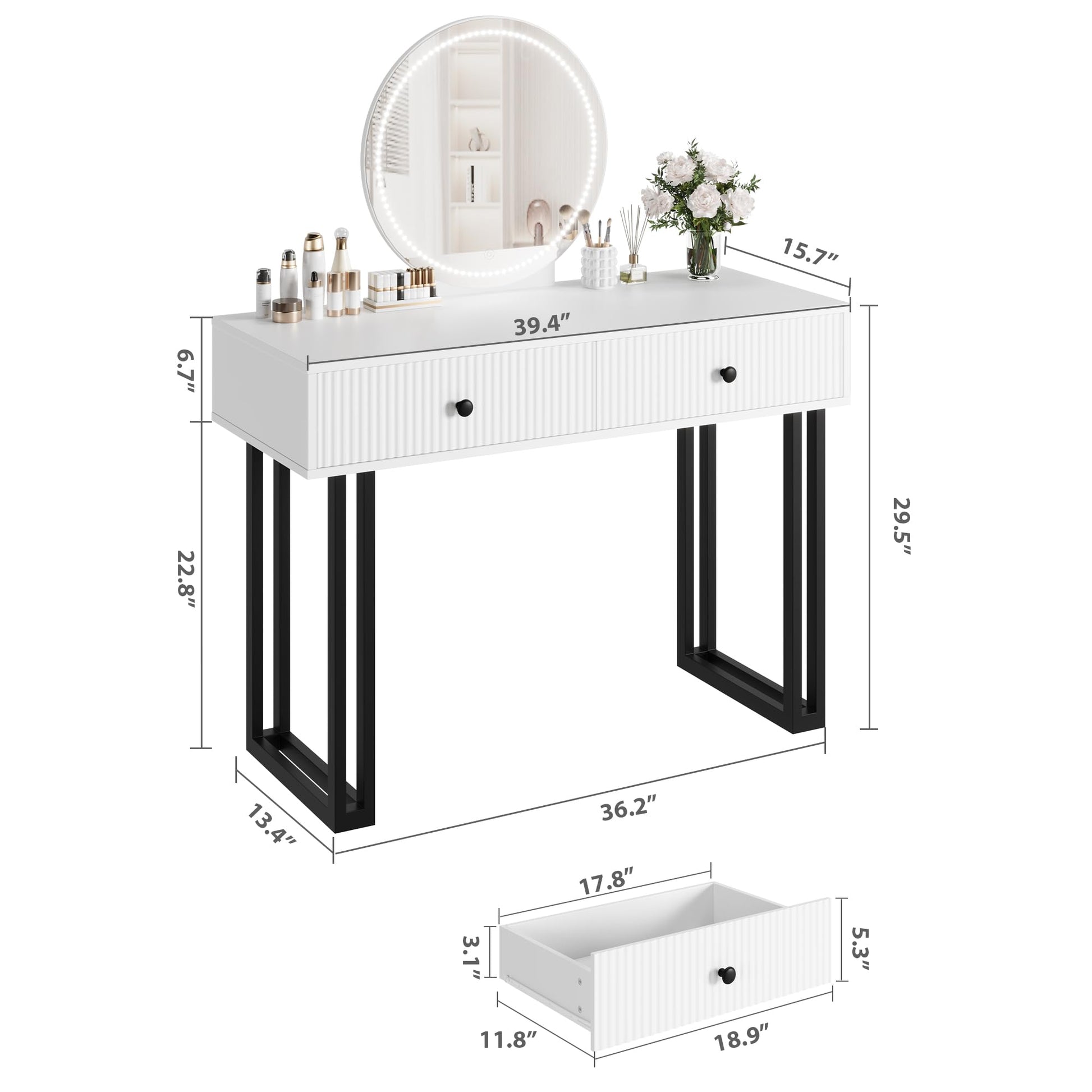 Garvee Coiffeuse avec miroir et éclairage LED 3 couleurs, luminosité réglable, 2 tiroirs, plateau en MDF blanc, design moderne, chambre