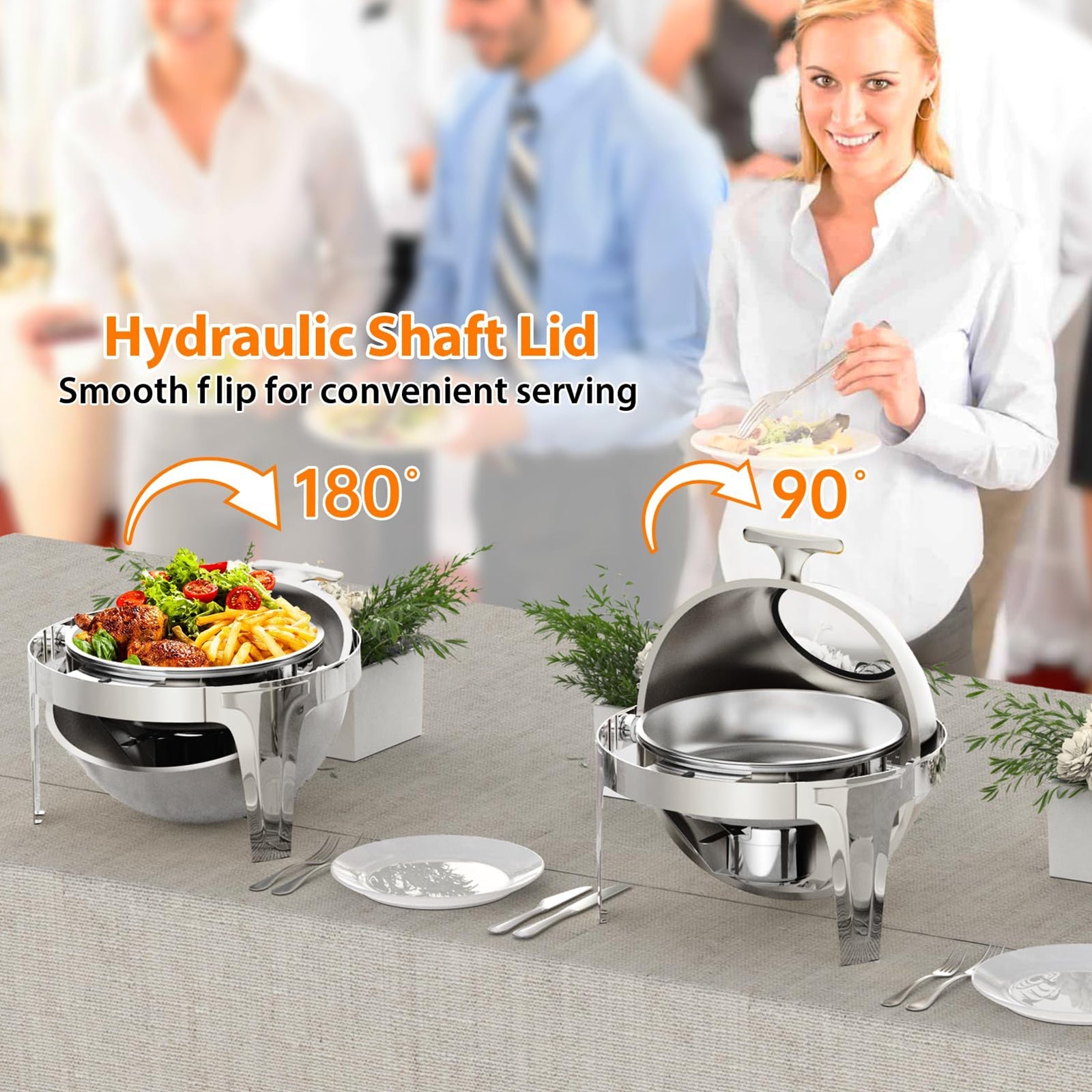 Chafing dish Garvee à couvercle roulant, 6,3 L, en acier inoxydable avec fenêtre en verre, ouverture à 90/180° et poignée en T. Idéal pour les fêtes, banquets, buffets et hôtels.