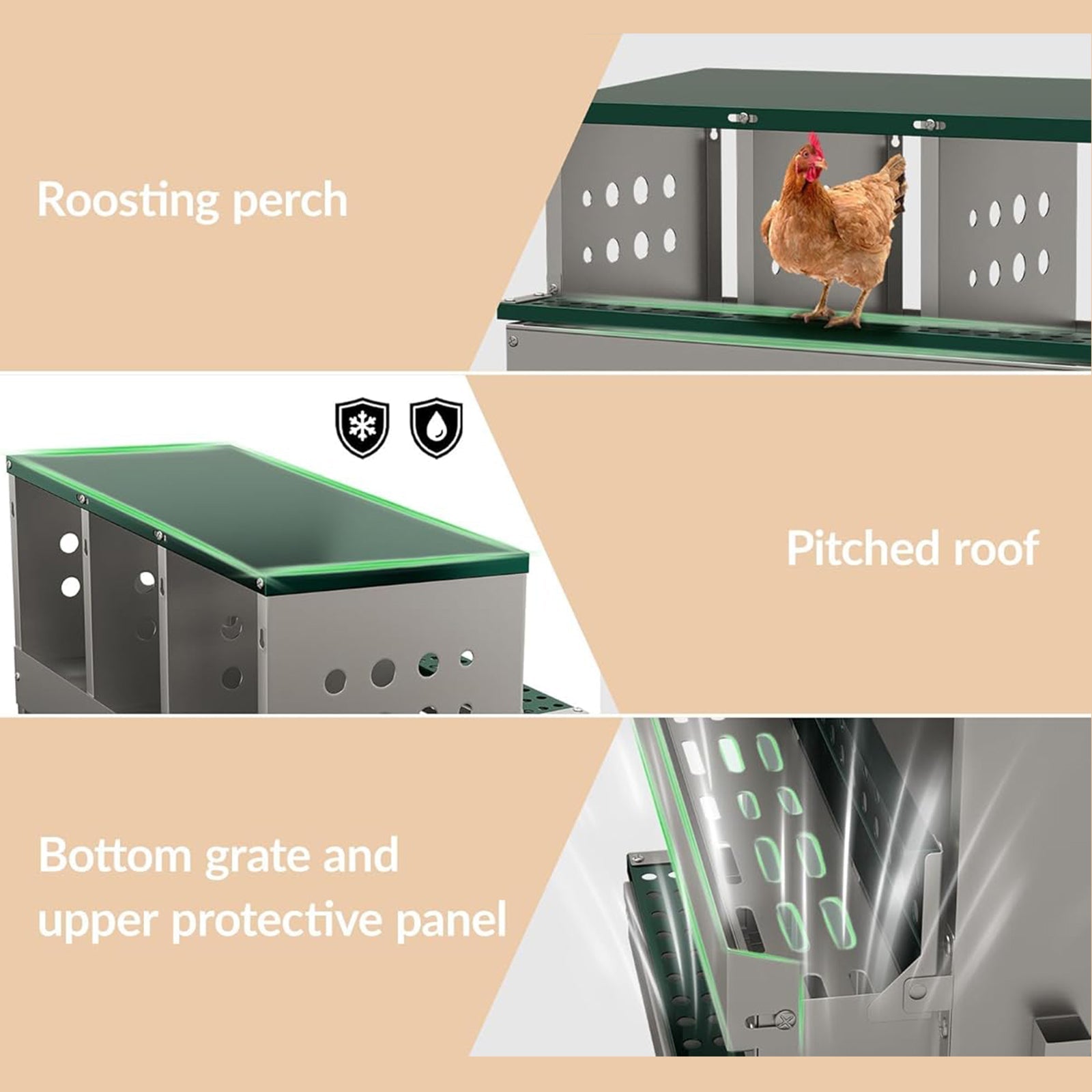 Nichoirs Garvee pour poules, 6 compartiments, en métal, dimensions totales avec support : 69 x 43 x 78 cm, dimensions par compartiment : 23 x 25 x 21,5 cm, acier galvanisé étanche, pour 6 poules (vert)