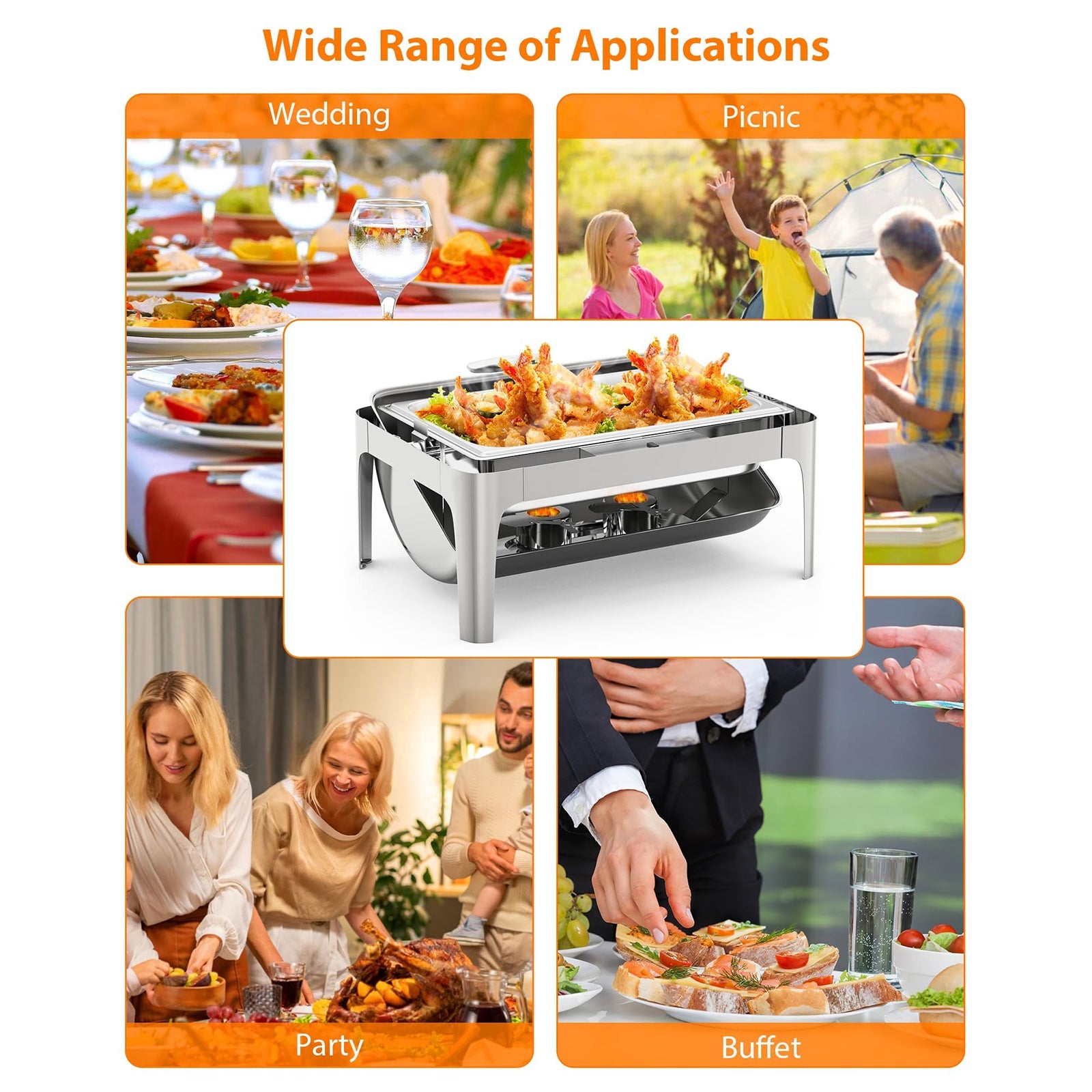 Chafing dish Garvee 9 Qt à couvercle roulant avec fenêtre en verre, chauffe-plats en acier inoxydable pour buffets et traiteurs, maintient les aliments au chaud ou au froid.