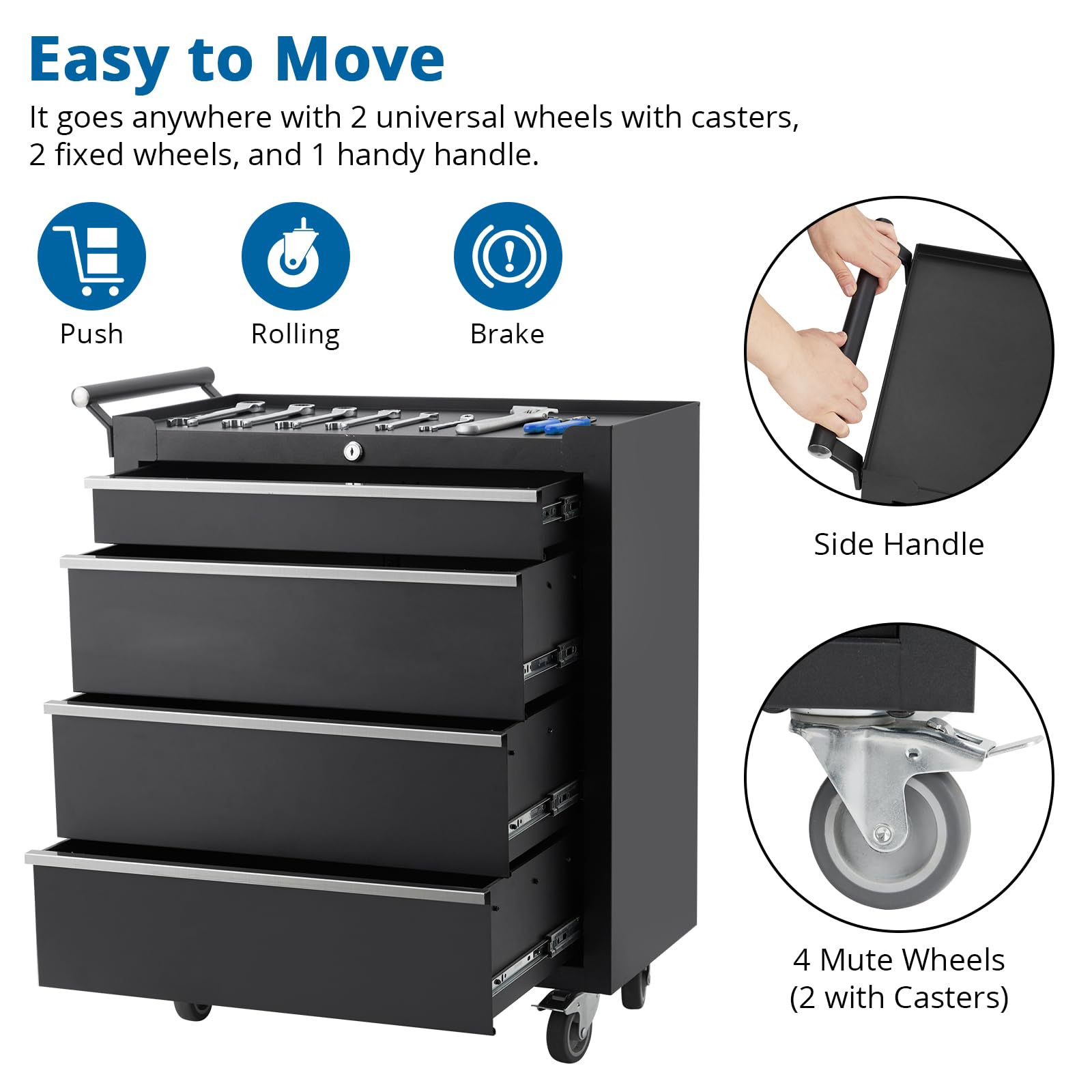 Garvee chariot à outils 6 tiroirs en acier noir, 64 × 62 × 33 cm, avec roulettes et serrure