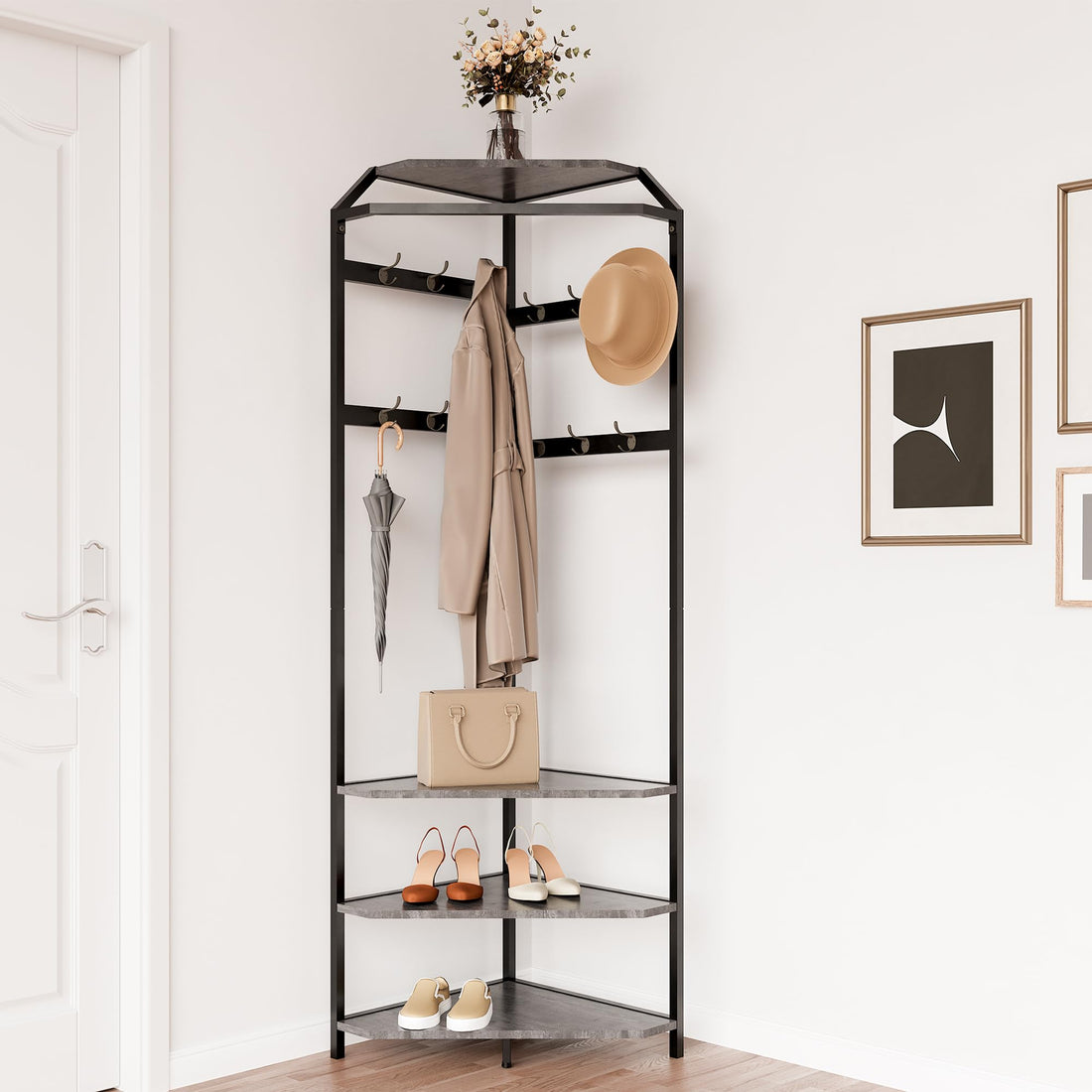 Garvee Armoire d'angle avec banc à chaussures et 12 crochets doubles pour entrée et couloir, en bois, gain de place, robuste et fonctionnelle, gris