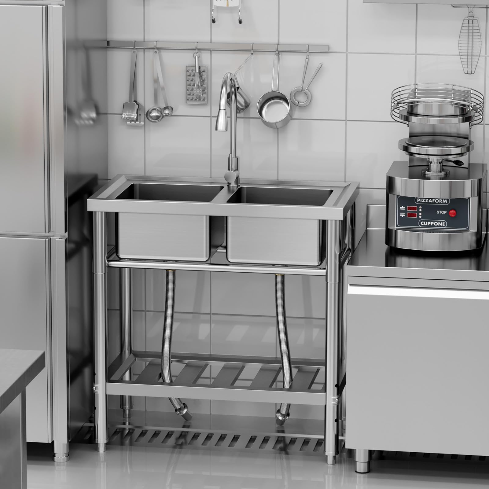 Garvee Évier de Cuisine Professionnel en Inox, Double Bac Autoportant avec Robinet Extractible, Étagère et Raccords Eau Chaude/Froide