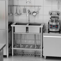 Garvee Évier de Cuisine Professionnel en Inox, Double Bac Autoportant avec Robinet Extractible, Étagère et Raccords Eau Chaude/Froide