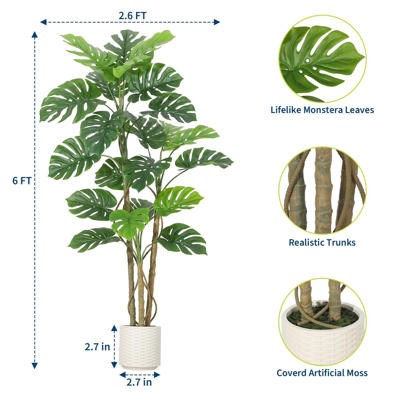 Plante artificielle Monstera Garvee de 1,80 m en polyester de haute qualité, décoration intérieure pour salon ou bureau, verte