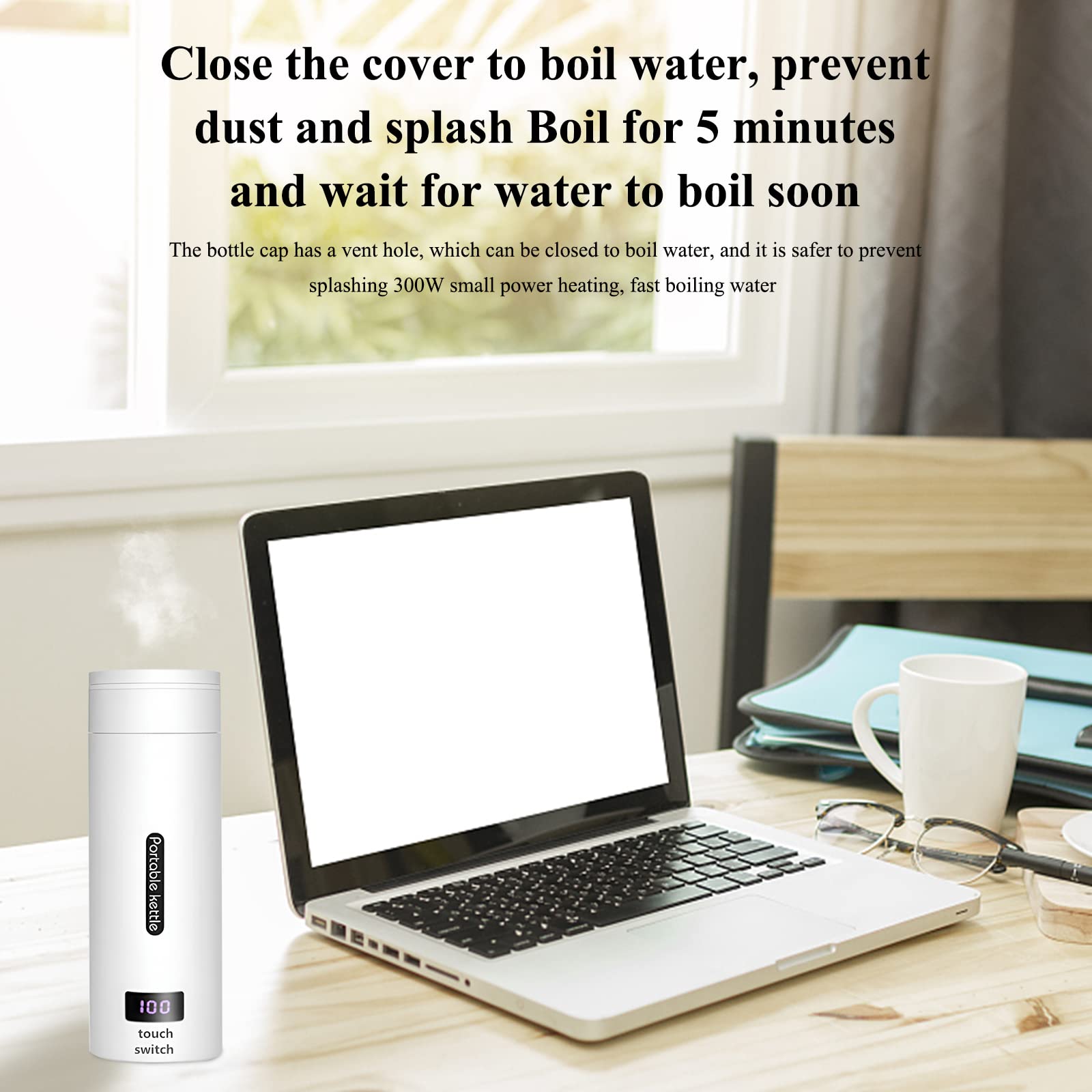 Bouilloire électrique Garvee 380 ml en acier inoxydable, portable, avec voyant LED, contrôle de température, idéale pour le camping, le bureau et les voyages. Compacte et rapide.