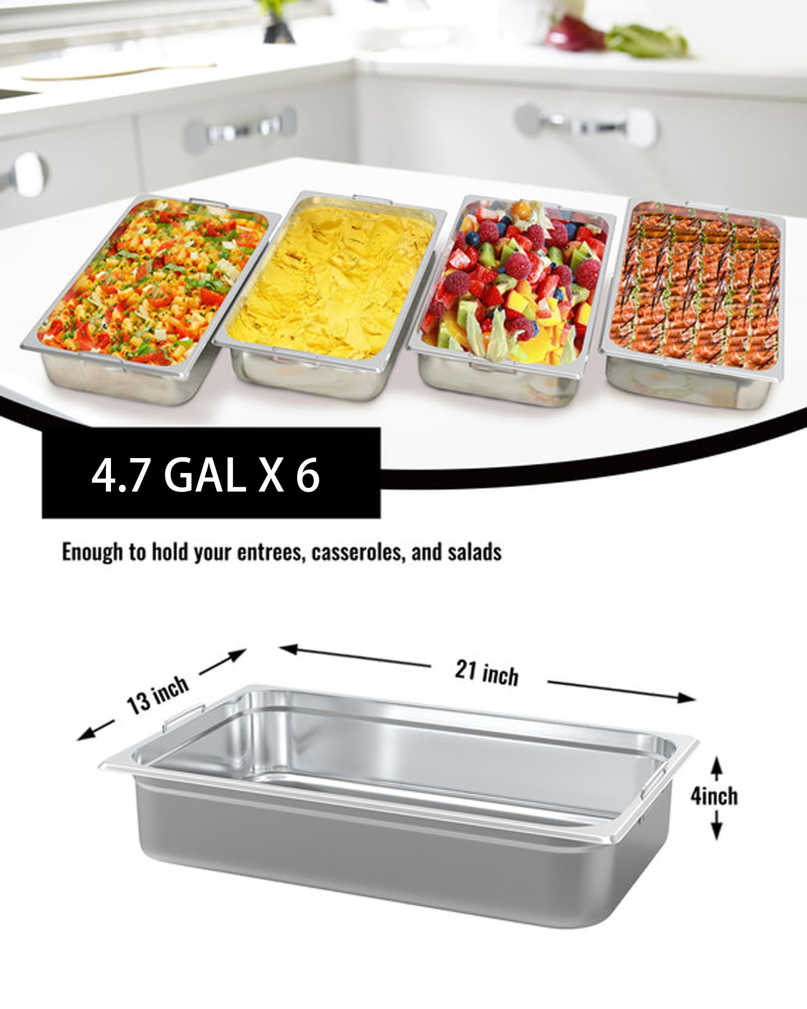 Ensemble de 6 plateaux de service Garvee en acier inoxydable, 10 cm de profondeur, finition miroir, sans poignée ni couvercle. Idéal pour la restauration et les événements.