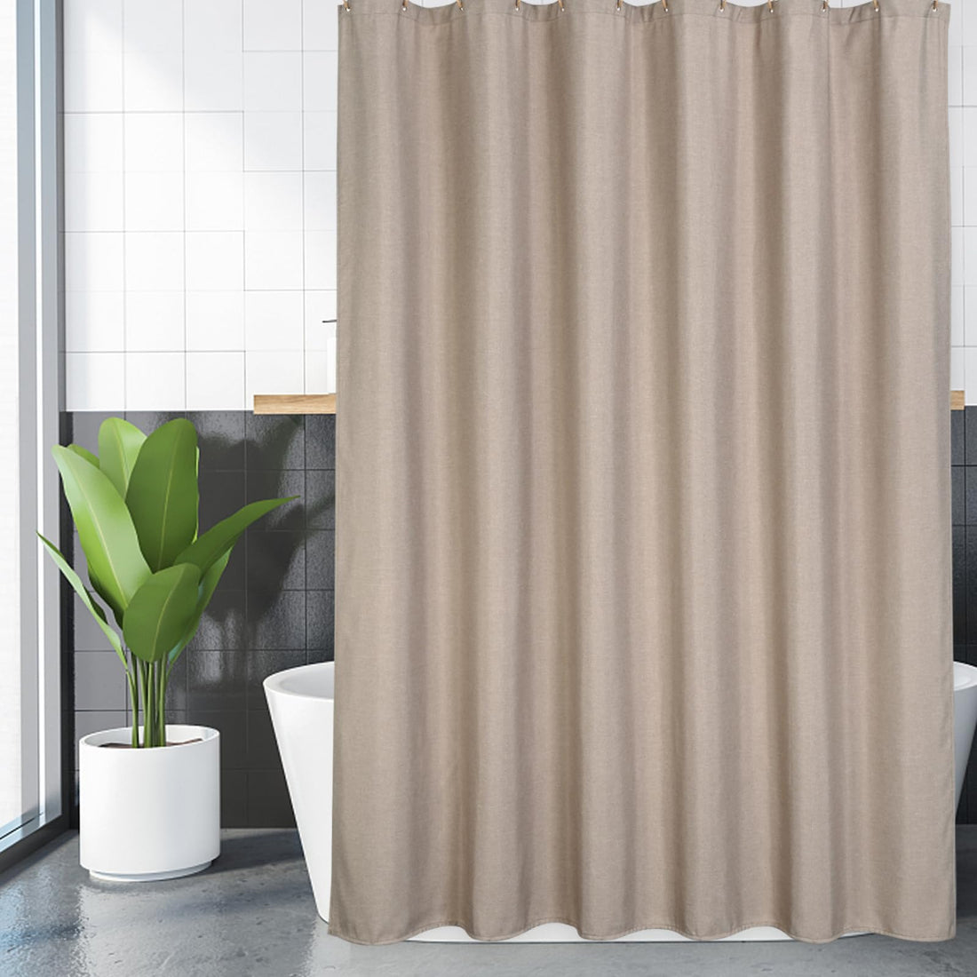 Rideau de douche Garvee, imperméable, en lin épais, couleur taupe, style hôtelier de luxe, 183 x 183 cm, avec crochets, facile à installer.