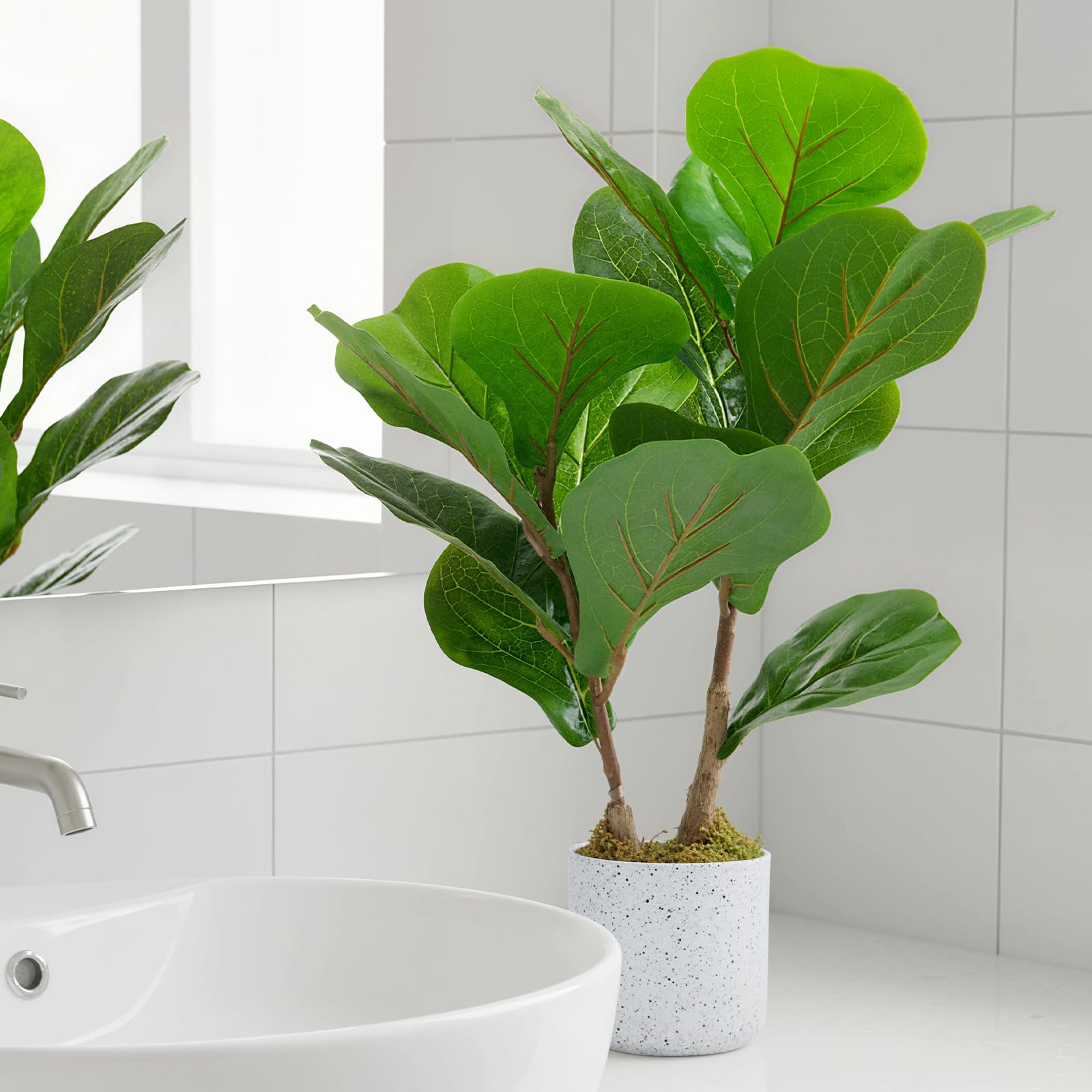 Ensemble de plantes artificielles Garvee en forme de feuille de figuier, pot en marbre blanc moucheté de noir, 40 cm (15,7 po), décoration intérieure pour la maison ou le bureau.