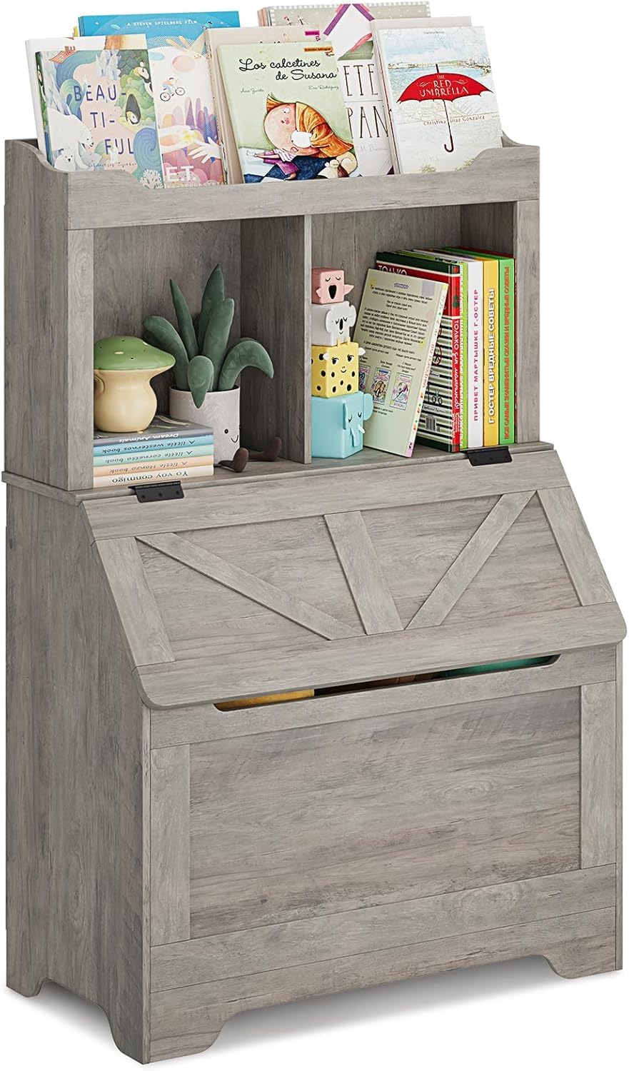 Étagère pour enfants Garvee avec couvercle à charnières, 2 niveaux, en bois, robuste et résistante aux rayures, protection anti-basculement pour salles de jeux et chambres d'enfants, grand format, bois naturel