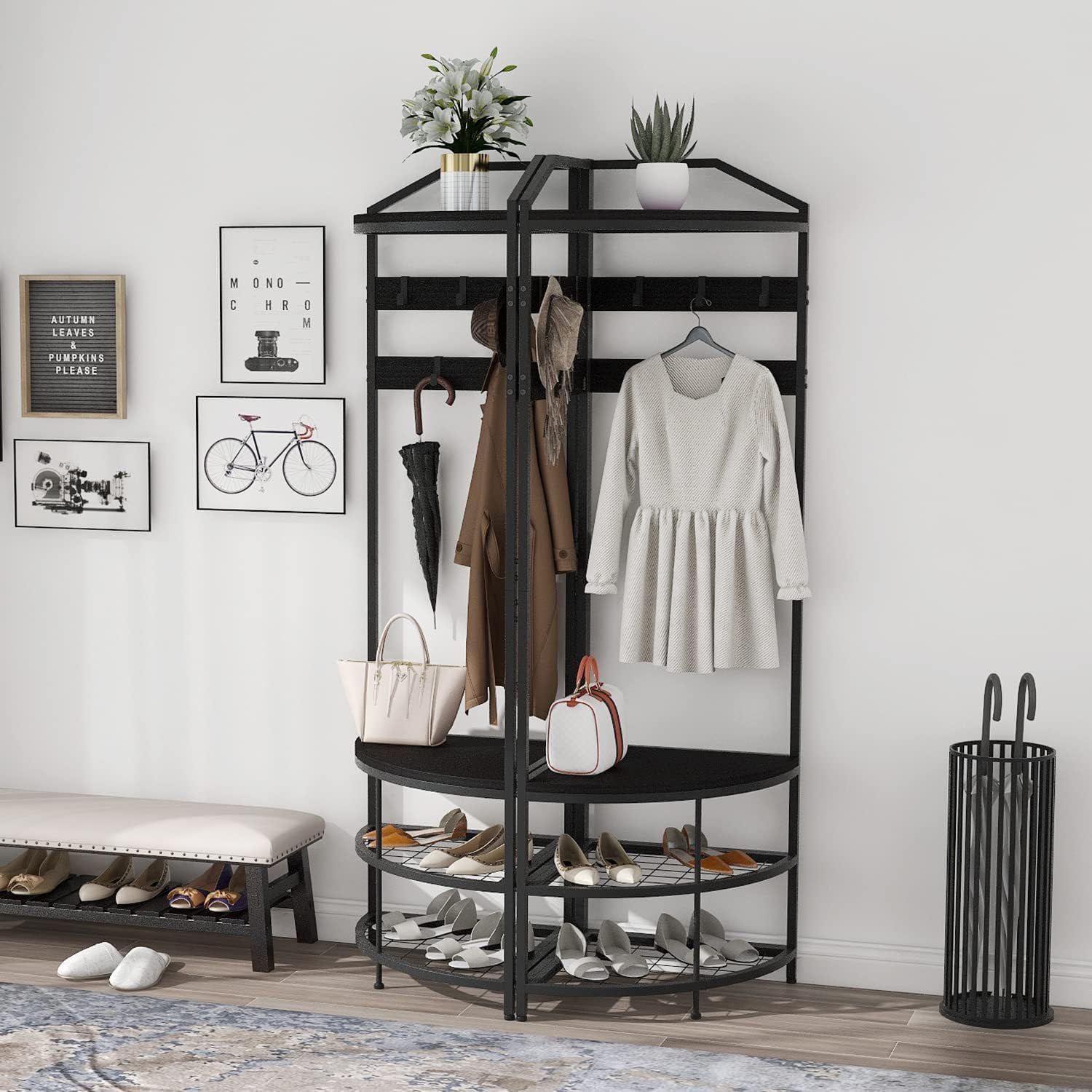 Porte-manteau d'angle Garvee avec rangement, métal, protection anti-basculement, étagères en maille, autoportant, noir pour couloir et chambre