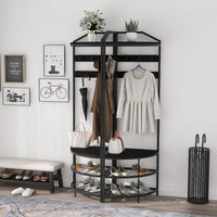 Porte-manteau d'angle Garvee avec rangement, métal, protection anti-basculement, étagères en maille, autoportant, noir pour couloir et chambre