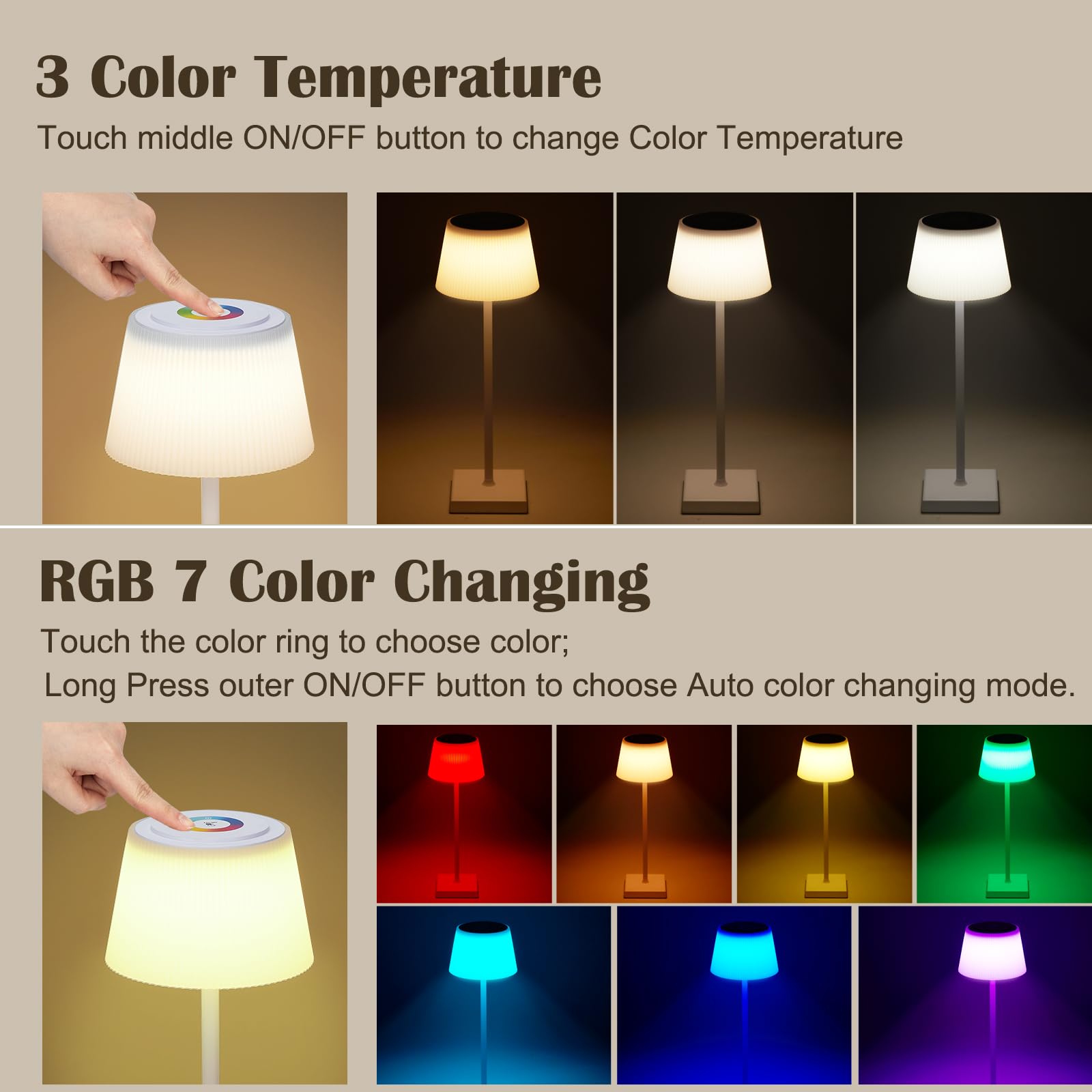 Lampe de table sans fil GARVEE à intensité variable, 8 couleurs, commande tactile, batterie 4000 mAh, étanche, idéale pour le jardin, la chambre, le balcon, l'hôtel, noir et blanc.