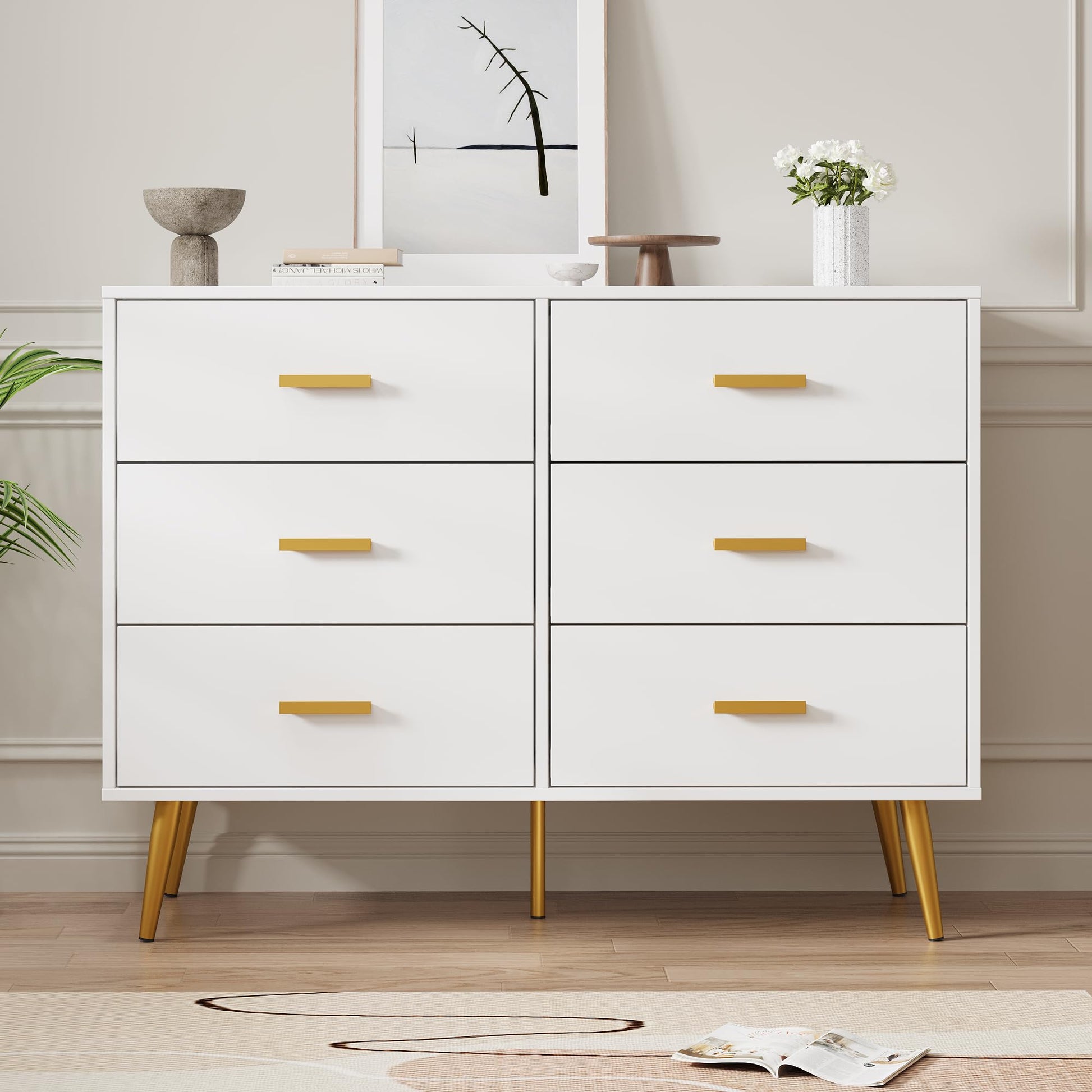 Garvee commode moderne blanche à 6 tiroirs, poignées dorées, pour la chambre et le salon