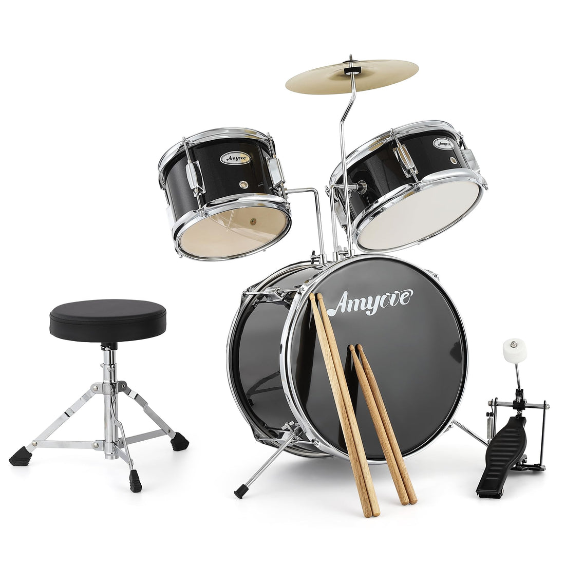 Garvee Batterie Junior 3 pièces avec cymbales, tom, grosse caisse, bois, pédale de grosse caisse, baguettes, tabouret pour chambre d'enfant
