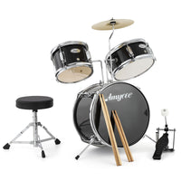 Batterie Garvee Junior 3 pièces avec cymbales, tom, grosse caisse, bois, pédale de grosse caisse, baguettes, tabouret pour chambre d'enfant, débutants, noir, 74 cm (29 pouces)