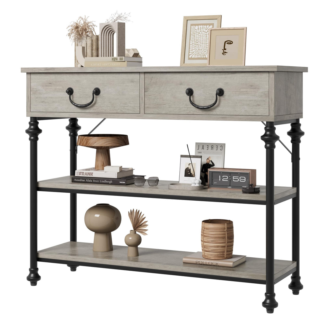 Console Garvee petite à 2 tiroirs, structure en métal, gris rustique, idéale pour l'entrée et le salon, pieds réglables, 100 cm (L) x 30 cm (P) x 80 cm (H)