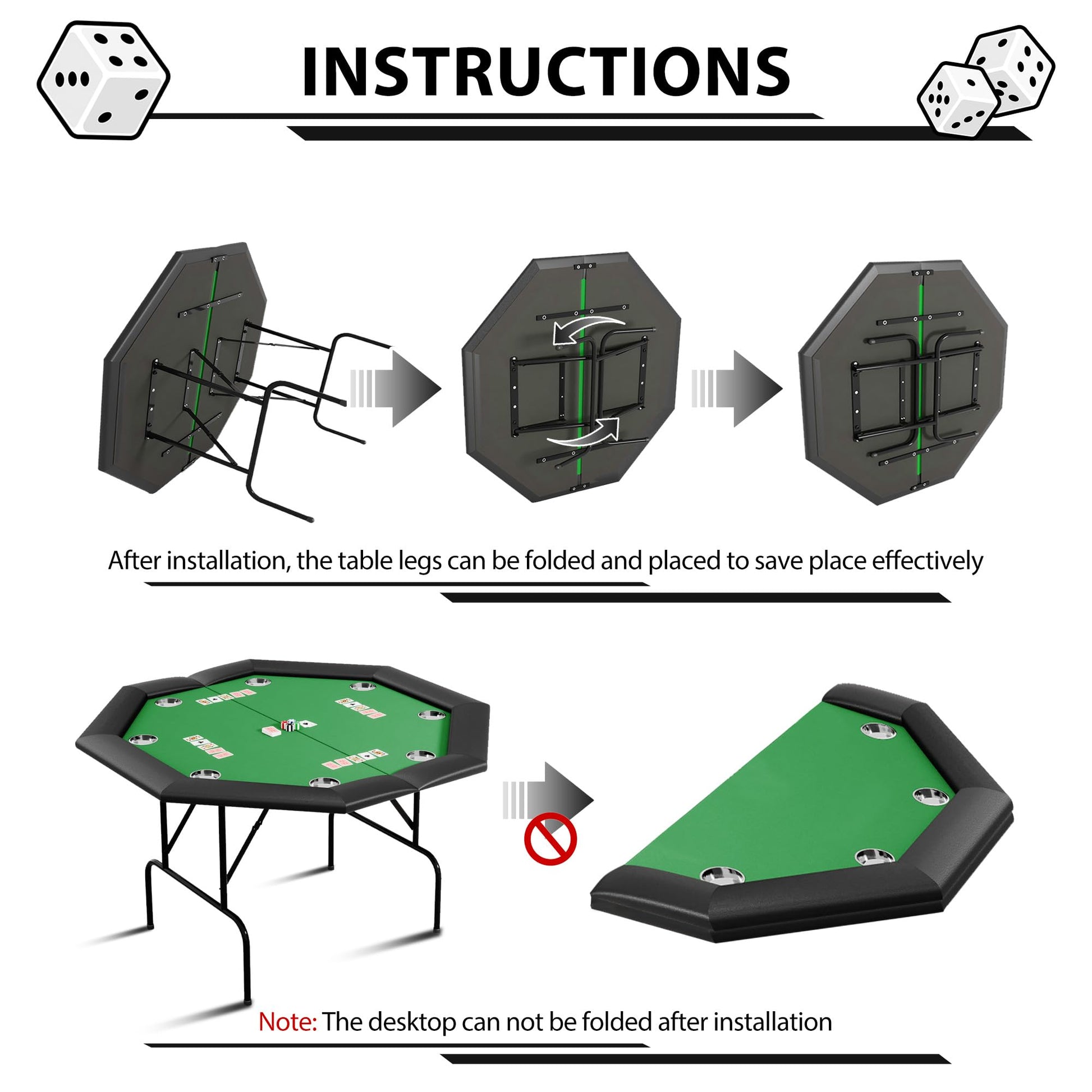 Table de poker octogonale Garvee pour 8 joueurs avec porte-gobelets en acier inoxydable, idéale pour les soirées en famille et les fêtes, 119 cm (47 pouces), verte.
