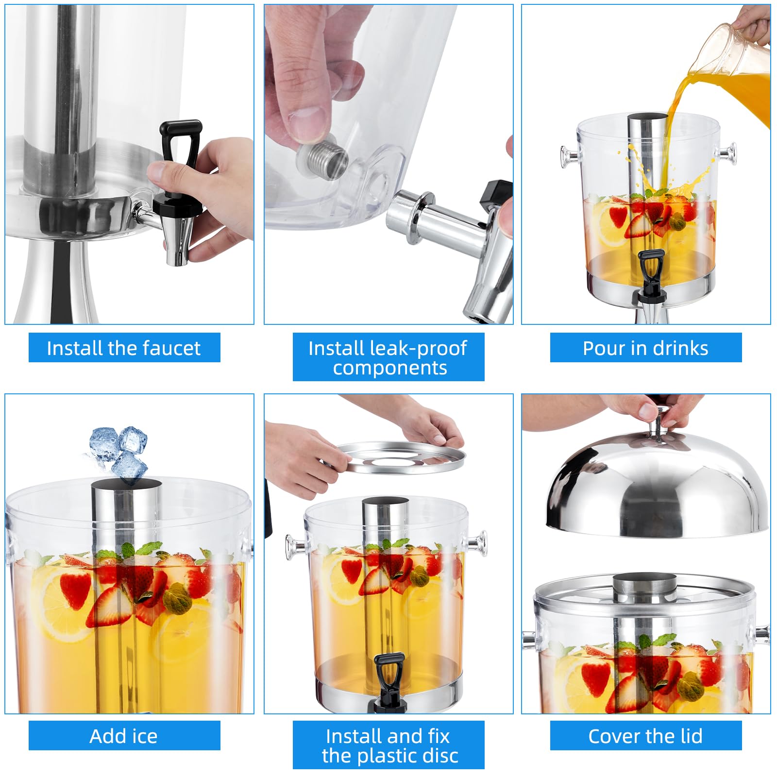 Garvee Distributeur de Boissons 16,7 L en Acier Inoxydable, avec Bac à Glaçons, Bac d’Égouttement et Support, Argenté, pour Fêtes et Mariages