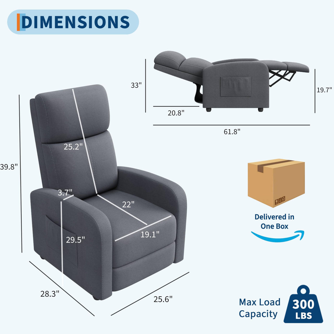Garvee Fauteuil inclinable pour adulte, ergonomique et réglable, siège confortable avec poche latérale, dossier haut, larges accoudoirs, canapé de salon, gris