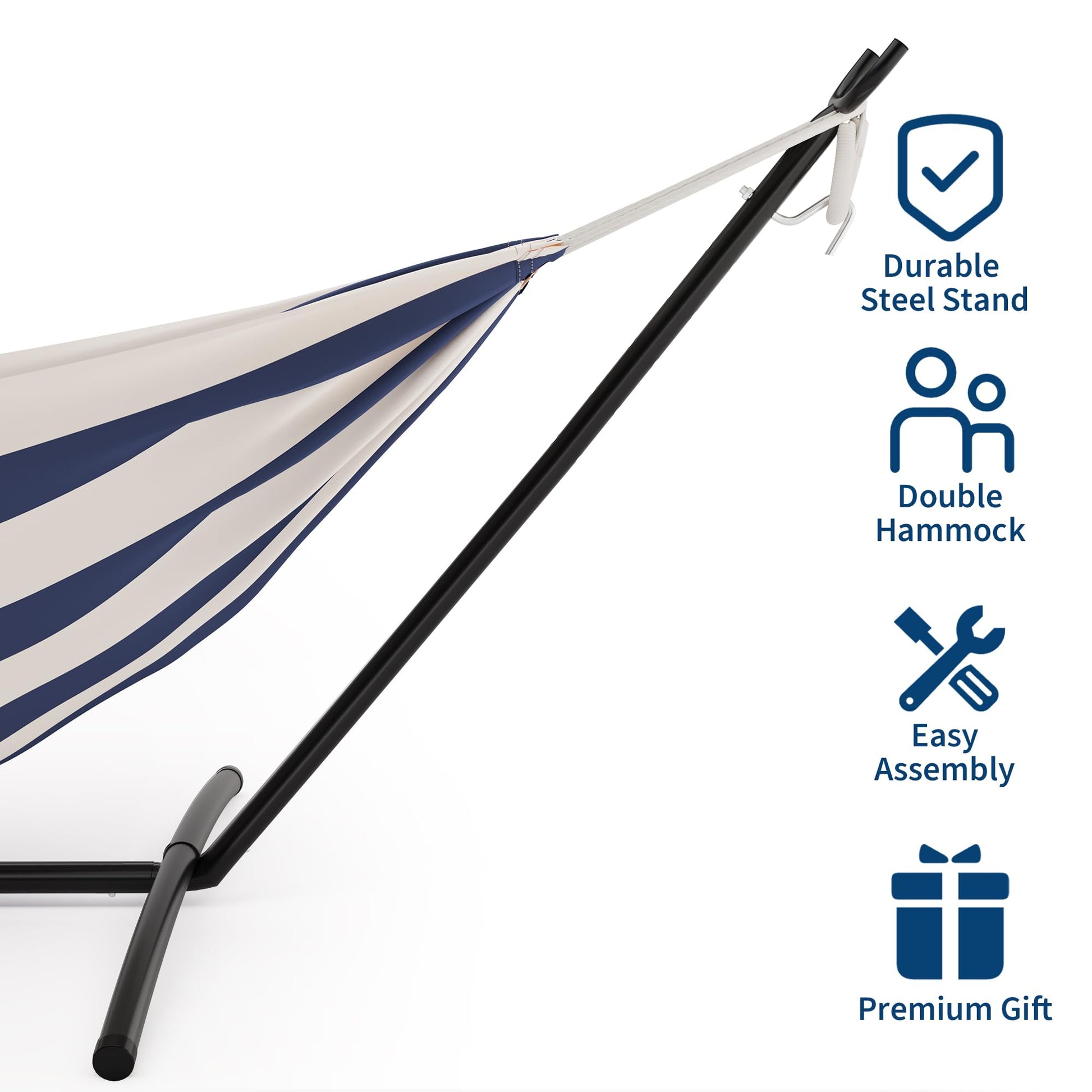 Hamac double Garvee avec structure en acier, en coton confortable, portable, à rayures bleues et blanches, pour une utilisation intérieure et extérieure, capacité de charge de 204 kg