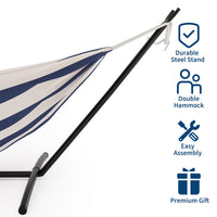 Hamac double Garvee avec structure en acier, en coton confortable, portable, à rayures bleues et blanches, pour une utilisation intérieure et extérieure, capacité de charge de 204 kg