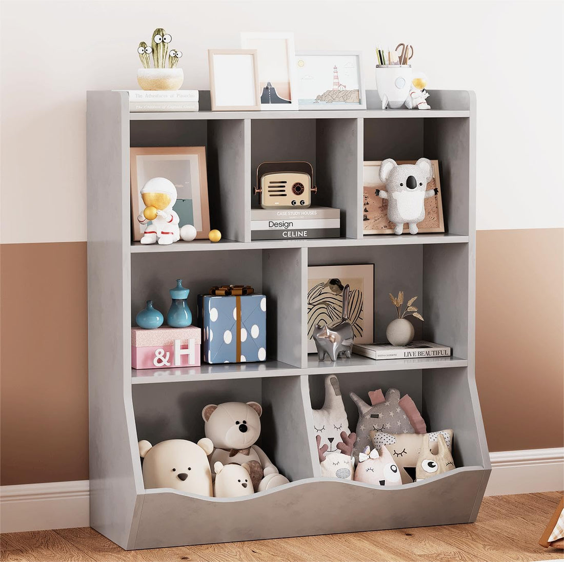 Meuble de rangement pour jouets Garvee gris pour enfants, étagère à 3 niveaux, robuste, anti-basculement, 5 étagères, chambre et salle de jeux, bois, gris