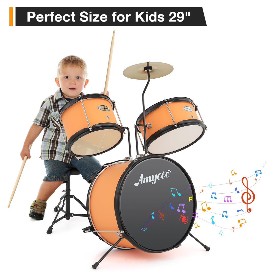 Garvee Batterie 3 pièces pour enfants avec cymbales et pédale de grosse caisse, pour garçons et filles, hauteur 74 cm, jaune