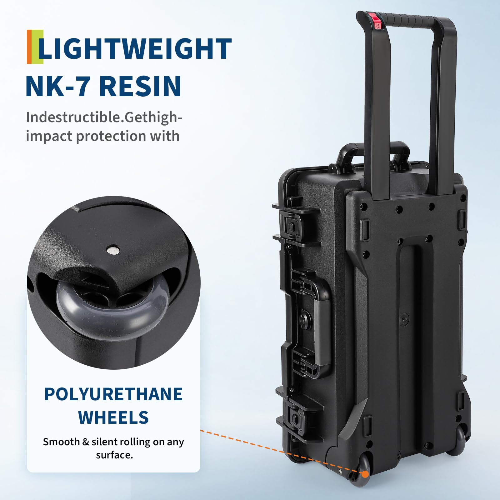 Étui de protection Garvee, en polycarbonate, étanche IPX67, avec roulettes et séparateurs rembourrés, idéal pour les voyages et la photographie, léger et sécurisé.