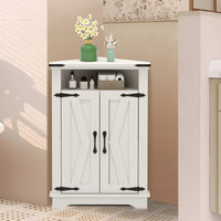 Meuble de salle de bain d'angle Garvee avec portes coulissantes de style grange, étagères réglables, bois MDF, blanc, pour petits espaces, robuste et polyvalent