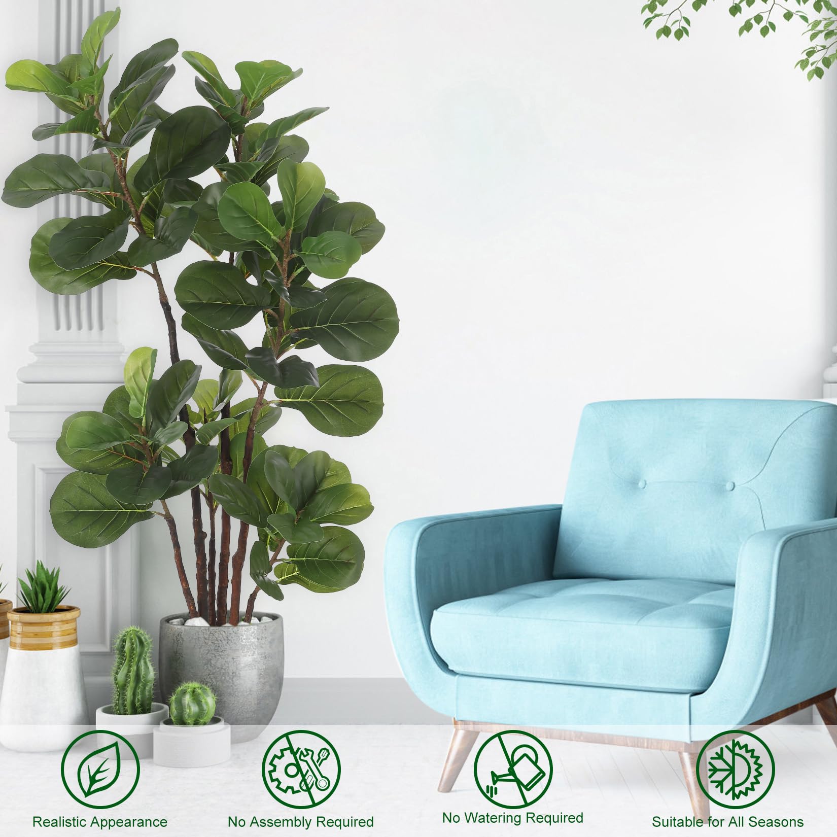 Ficus lyrata artificiel Garvee de 120 cm (4 pi) avec 72 feuilles et pot en ciment robuste, idéal pour la maison et le bureau. Entretien facile. Vert foncé.