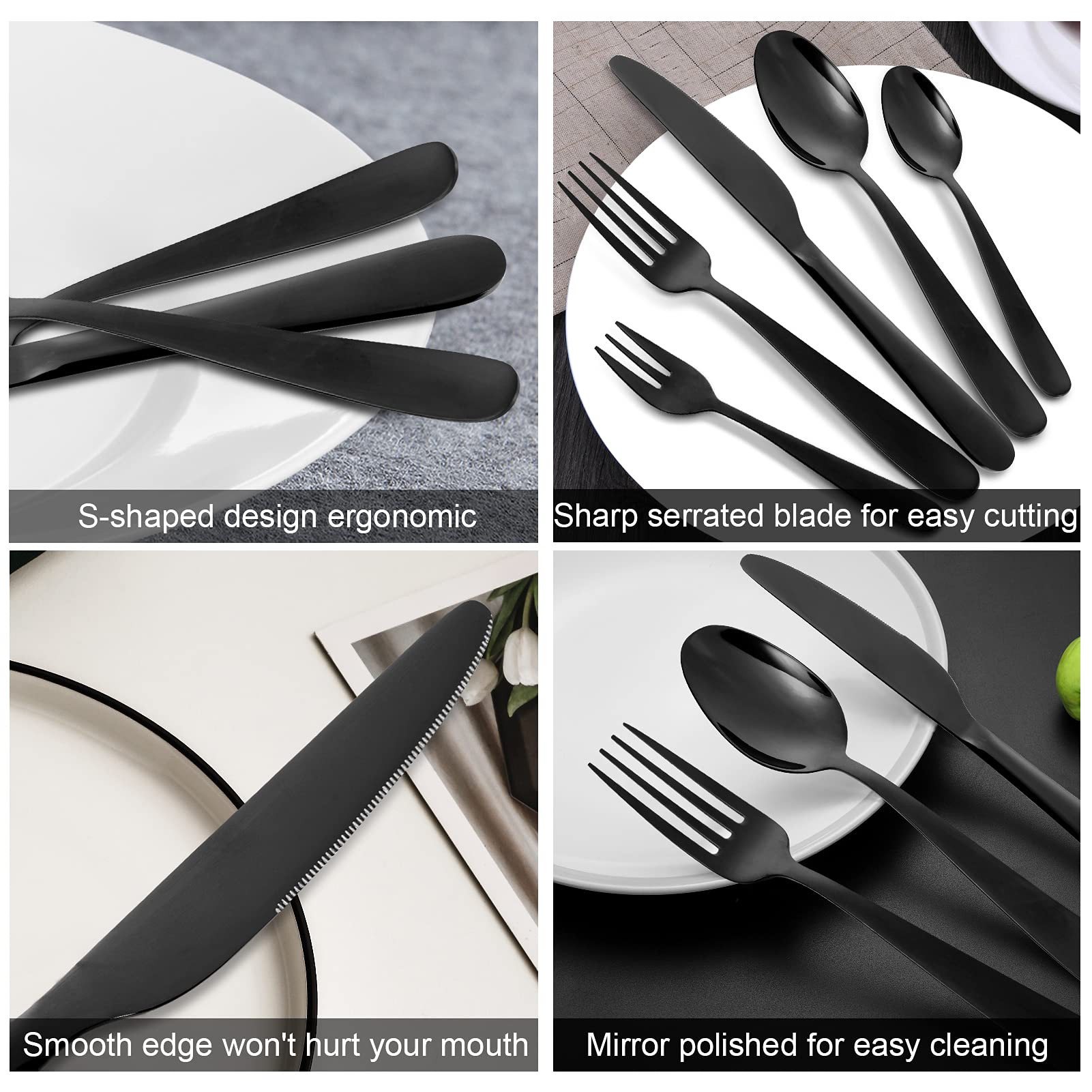 Ménagère Garvee 60 pièces, acier inoxydable noir, pour 12 personnes, finition miroir, compatible lave-vaisselle, design moderne, salle à manger