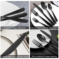 Ménagère Garvee 60 pièces, acier inoxydable noir, pour 12 personnes, finition miroir, compatible lave-vaisselle, design moderne, salle à manger