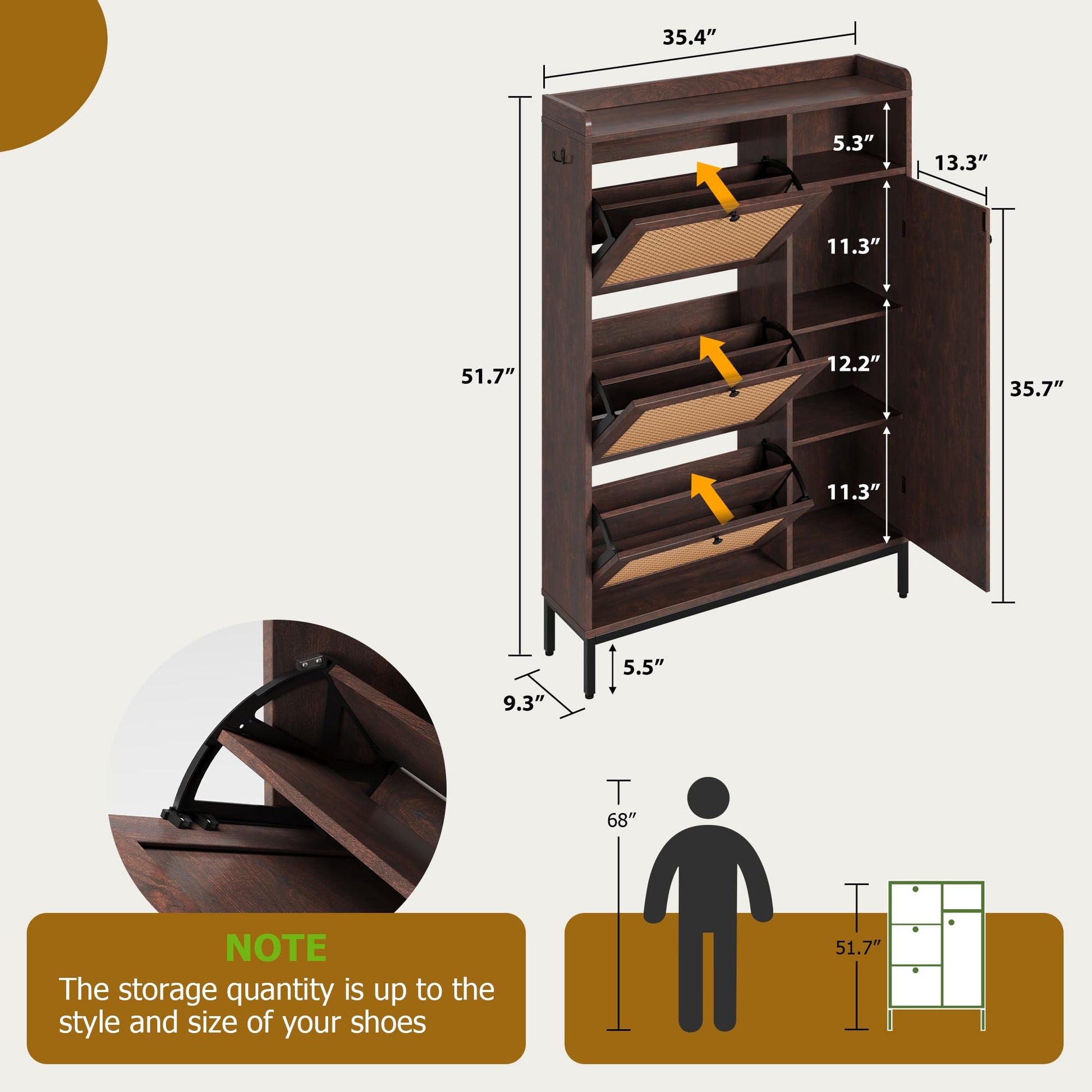 Garvee Meuble à chaussures en rotin avec 3 tiroirs abattants, étagères réglables, structure en MDF, pieds en métal, idéal pour l'entrée et le couloir, grand format, couleur naturelle