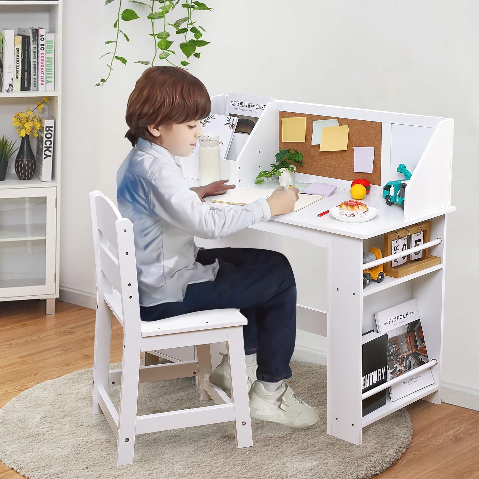 Ensemble bureau en bois Garvee pour enfants avec rangement, tableau d'affichage et chaise ergonomique pour la maison et l'école, blanc