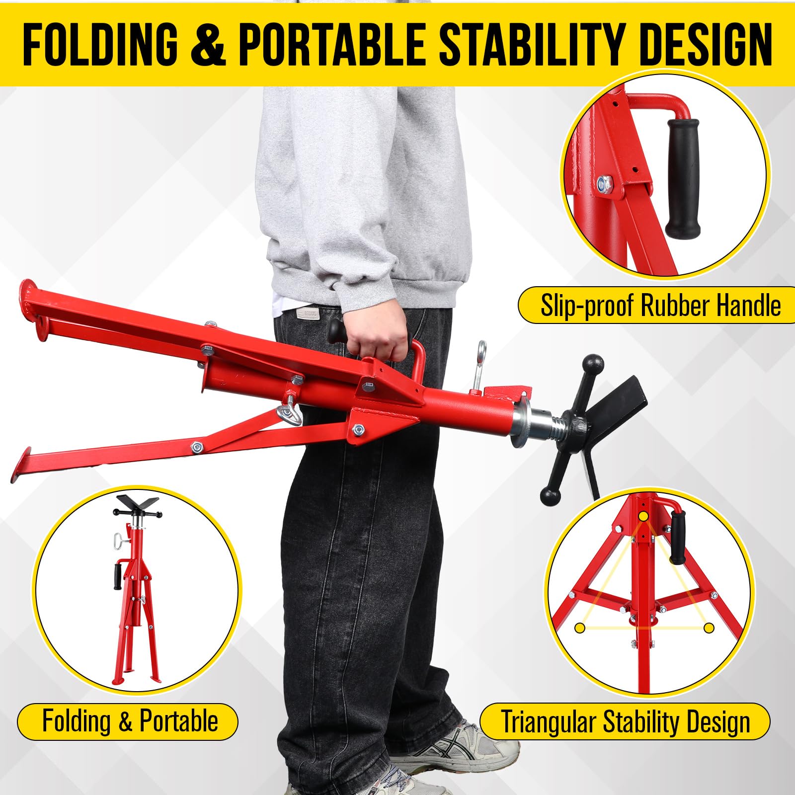Support de levage de tuyaux Garvee à tête en V, robuste, 1134 kg (2500 lb), réglable de 71 à 132 cm (28 à 52 pouces), en acier, pliable, pour le soudage et la réparation automobile