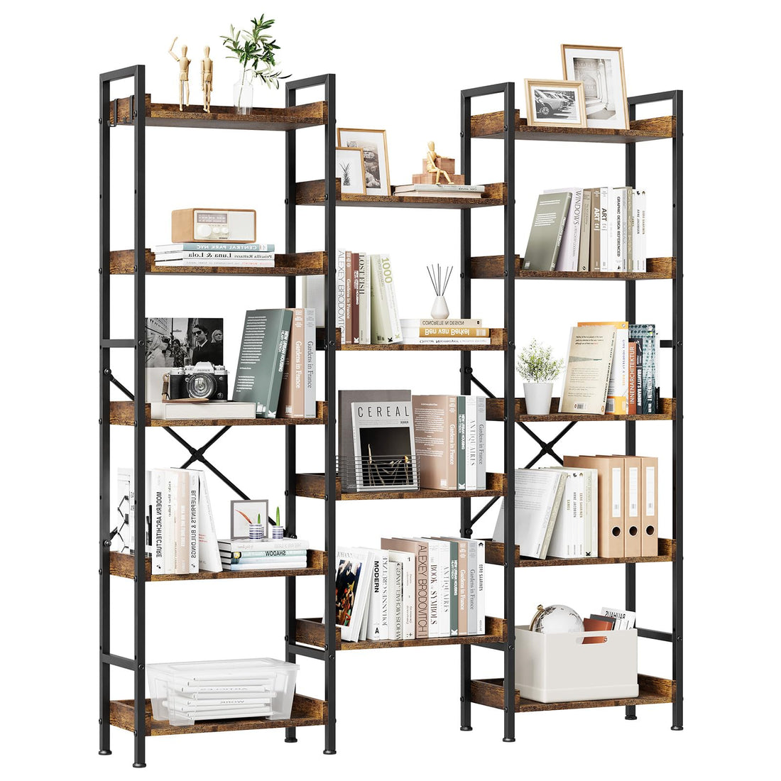 Garvee Bibliothèque Triple à 5 niveaux avec 14 étagères ouvertes, structure en acier et panneaux de particules, pour salon et bureau, 109×25×160cm