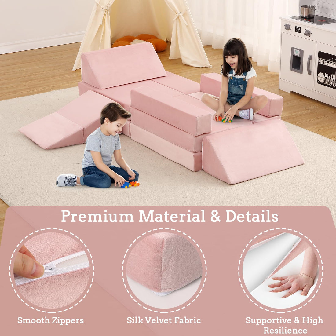 Garvee Canapé modulable enfant 12 pièces, convertible et polyvalent, mousse résistante, housse lavable, coloris teal et rose, idéal salle de jeux et chambre d’enfant