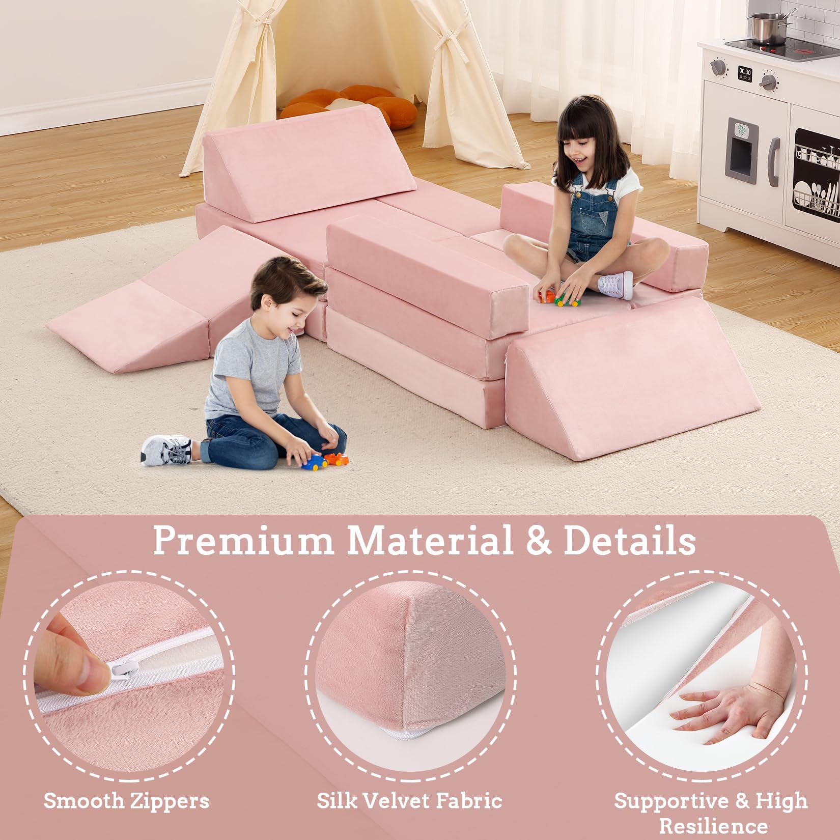 Garvee Canapé modulable enfant 12 pièces, convertible et polyvalent, mousse résistante, housse lavable, coloris teal et rose, idéal salle de jeux et chambre d’enfant