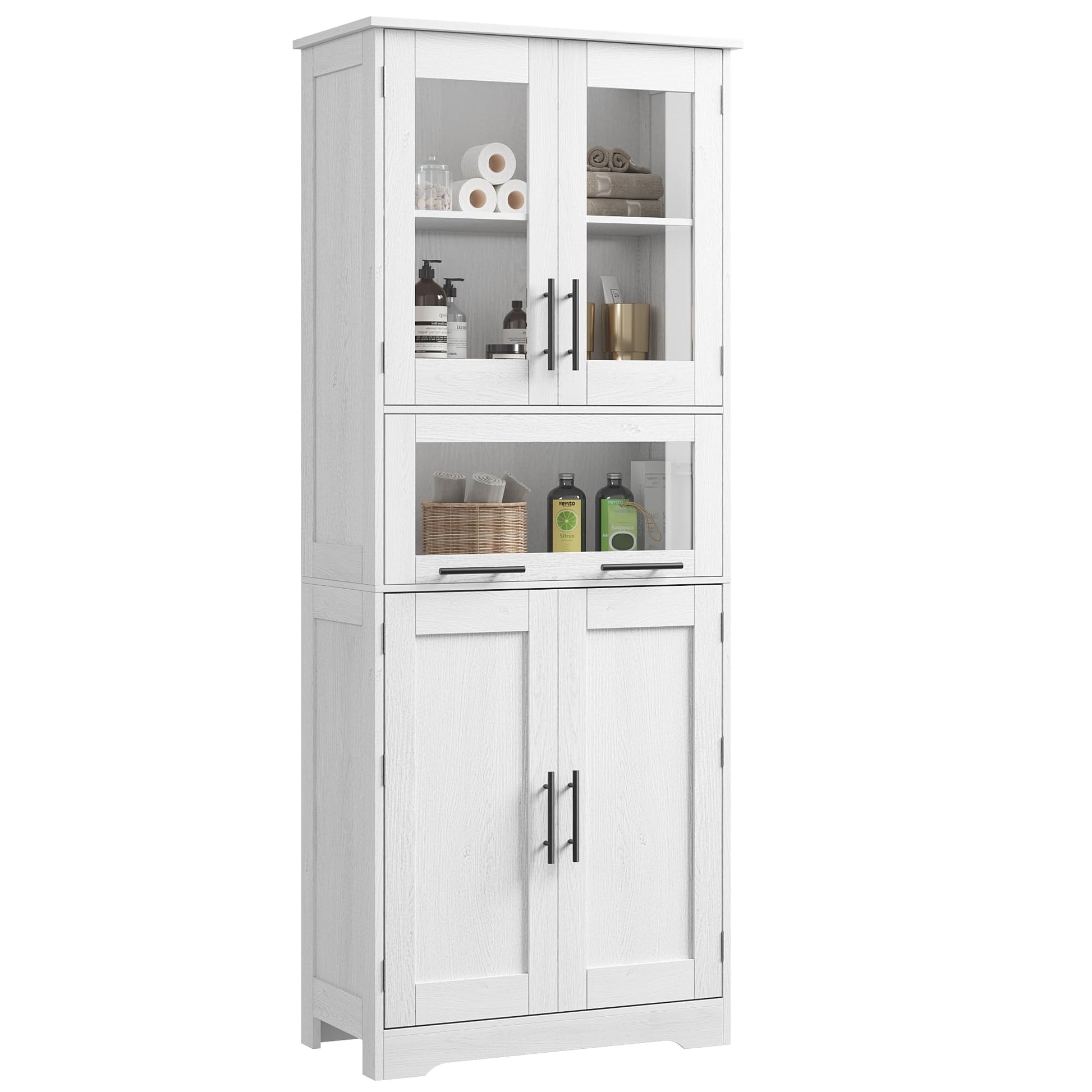 Armoire de salle de bain haute Garvee avec portes vitrées, étagères réglables, MDF, blanche, pour cuisine et salon, 60 x 30 x 170 cm