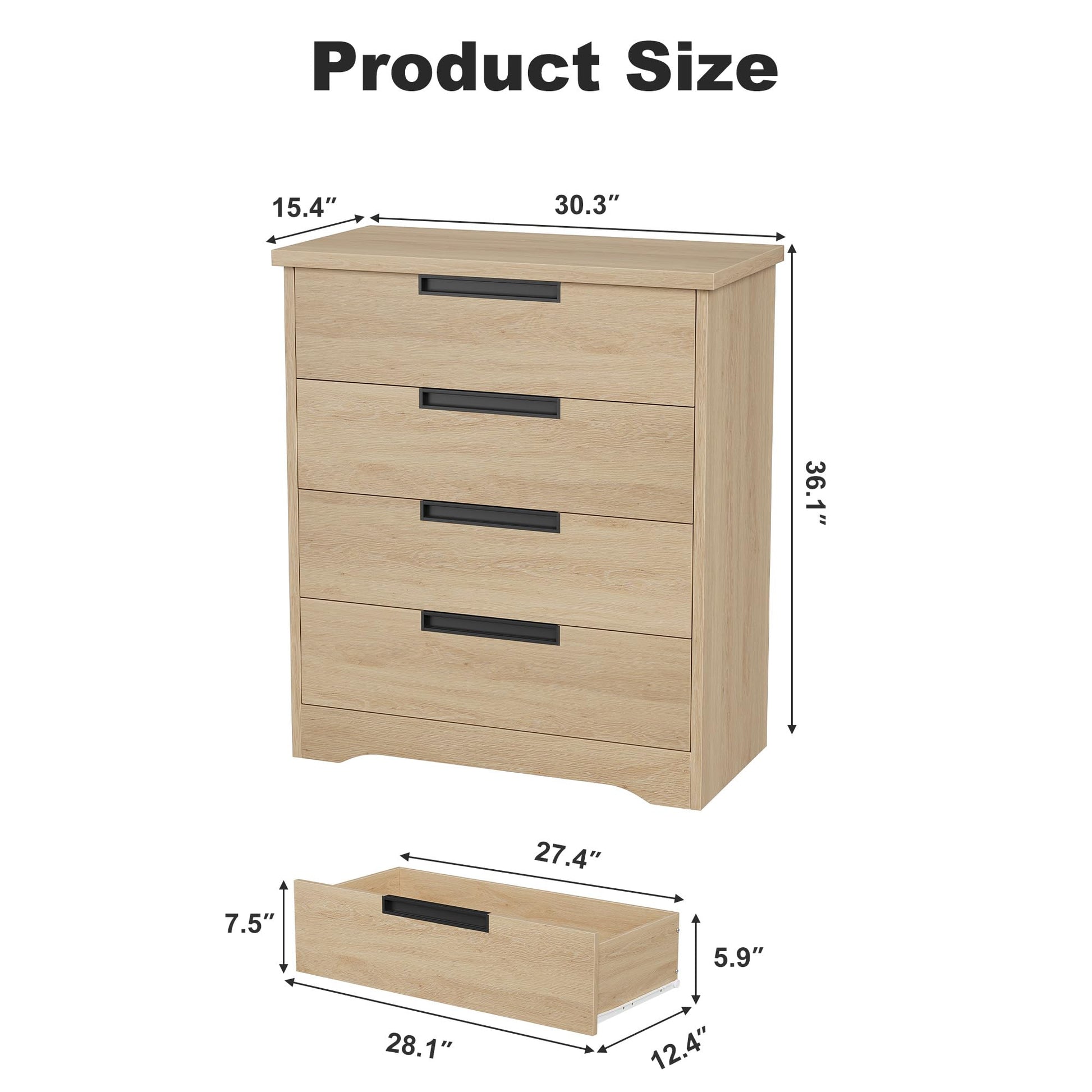 Commode Garvee à 4 tiroirs en bois avec poignées intégrées, idéale pour la chambre et le salon. Robuste, moderne et polyvalente, couleur bois naturel.